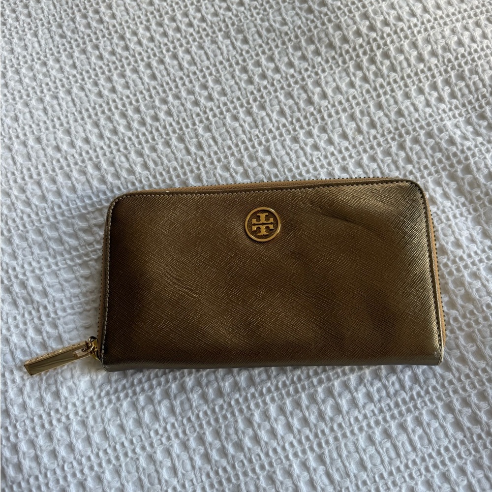 Tory Burch Metallic Brown Zip Wallet with Gold Logo